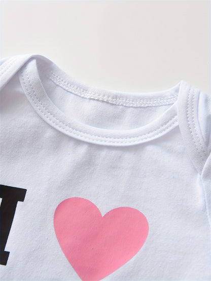 KuKitty Newborn Baby Girl Clothes Infant Girls 2pcs Outfit Set I Love Dad/Mom Print Bodysuit Tops And Pants, Perfect for Outdoor