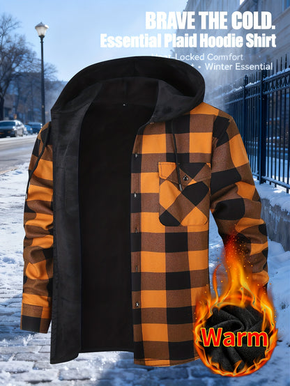 Men'S Plaid Hooded Shacket with Fleece Lining for The Fall And Winter Months | Comfortable Long-Sleeve Shirt Jacket Featuring Front Pockets | Ideal for Street Style And Outdoor Commuting | Fashionable Thick Lining for Cold Weather