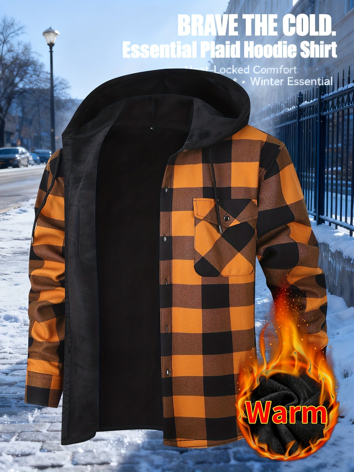 Men'S Plaid Hooded Shacket with Fleece Lining for The Fall And Winter Months | Comfortable Long-Sleeve Shirt Jacket Featuring Front Pockets | Ideal for Street Style And Outdoor Commuting | Fashionable Thick Lining for Cold Weather