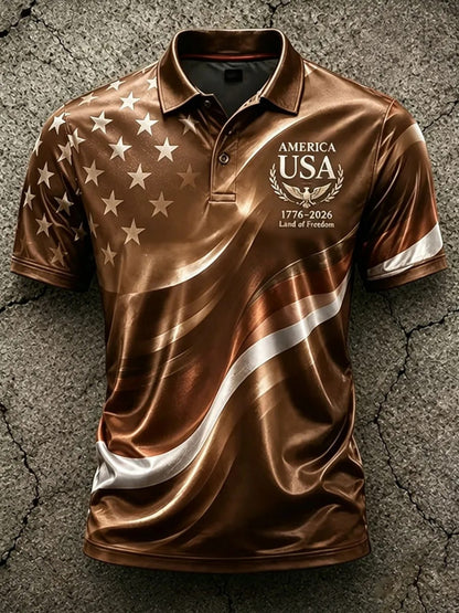 Men'S Independence 250Th Anniversary Polo Shirt Gradient Red Star Shoulder & Glossy Wave Stripe Graphic, USA Eagle Laurel Wreath Letter Logo Sport Golf Tee