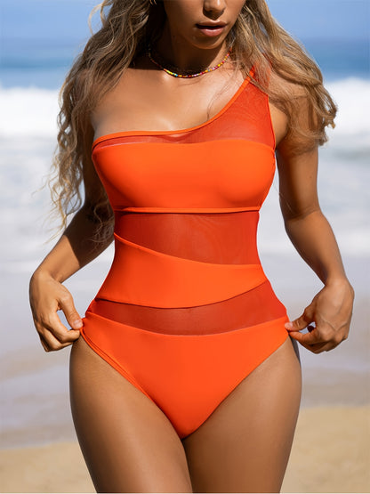 Mesh Splice One-Shoulder Color-Blocking One-Piece Swimsuit, Women'S Summer Beach Vacation Bikini