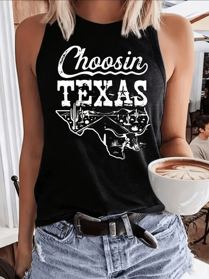 Women's Casual Sleeveless Tank Top with Texas Outline Design, Loose Breathable Opaque Fabric, Backless Round-Neck Lightweight T-Shirt, Machine Washable, for Women, Spring/Summer Outdoor Fashionable Shirt