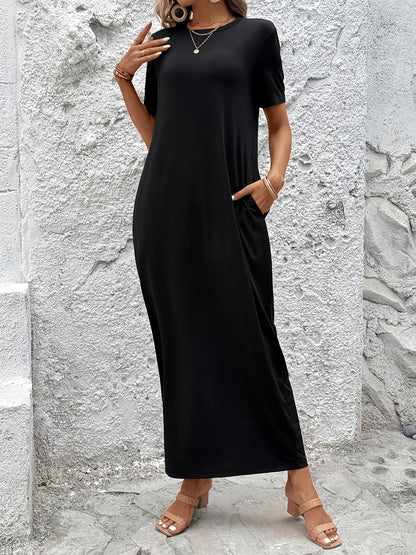 New Women'S Long Dress for Spring, Summer, And Autumn Featuring a Solid Color, Short Sleeves, And a Loose, Relaxed Fit for a Stylish Casual Look