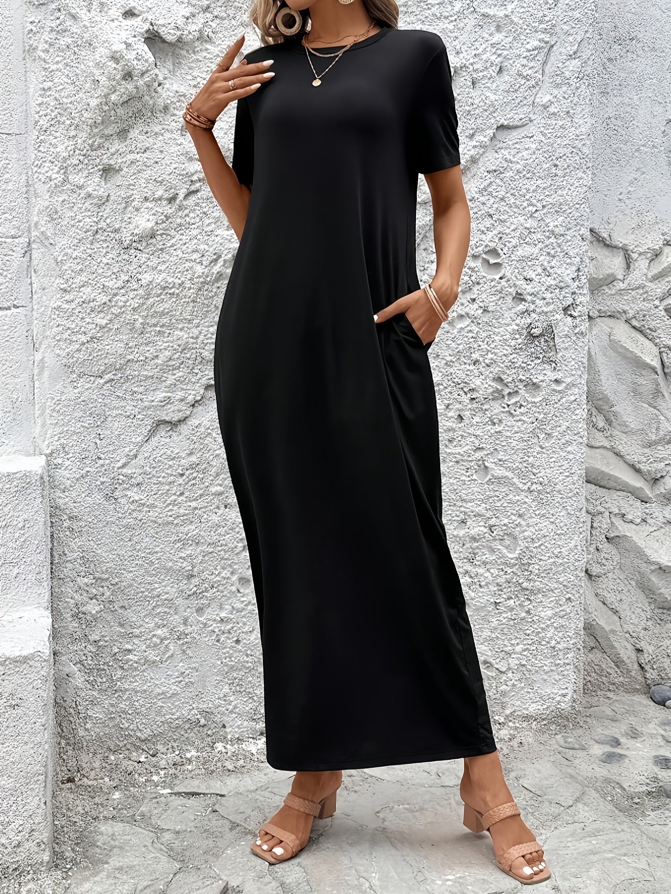 New Women'S Long Dress for Spring, Summer, And Autumn Featuring a Solid Color, Short Sleeves, And a Loose, Relaxed Fit for a Stylish Casual Look
