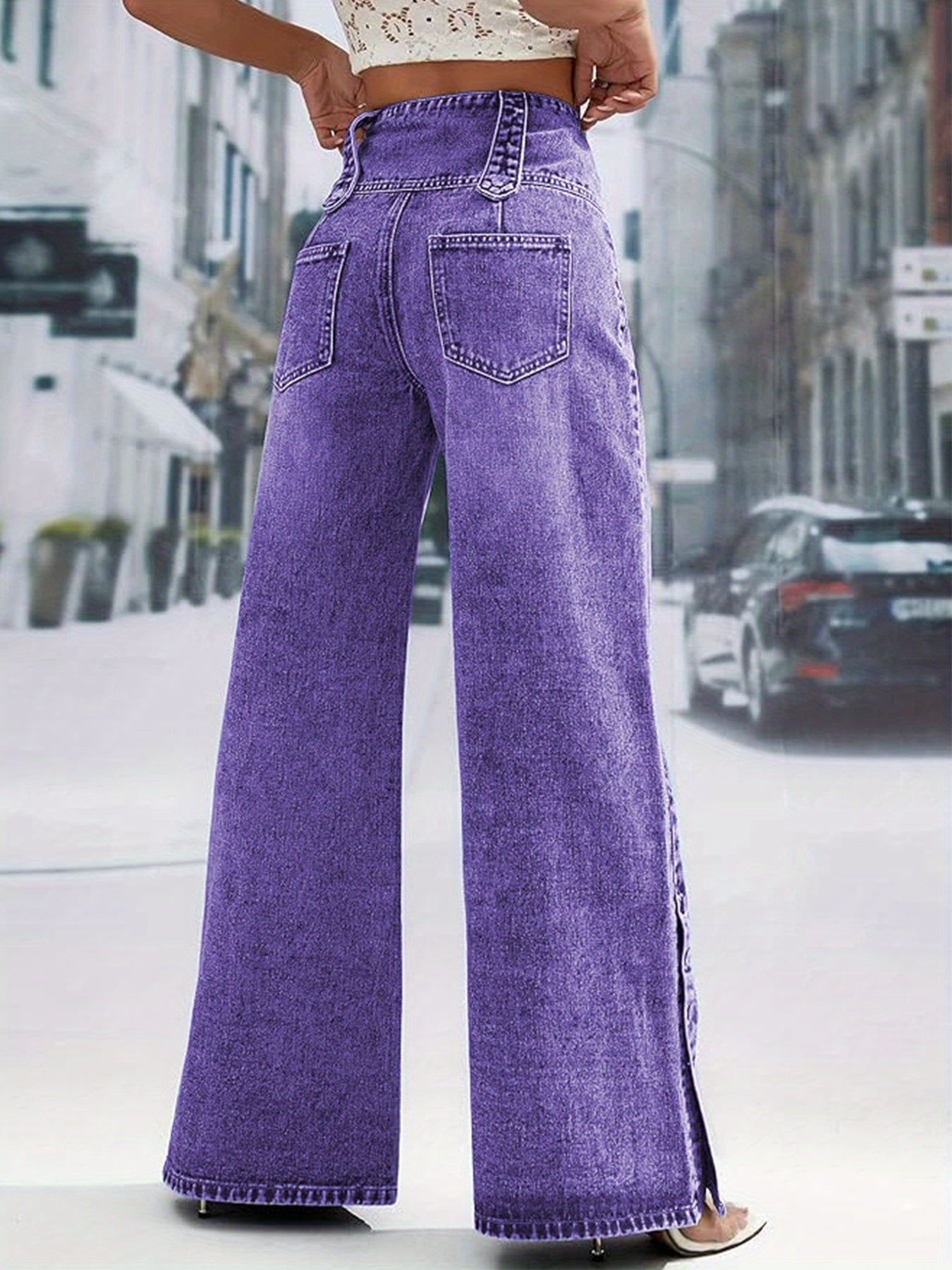 Women's Purple Jeans with Adjustable Button Waist & Cuff - Wide-Leg Straight-Leg Trousers, Mid-Rise Fit, All-Season Casual Pants (Machine Washable) for Home, Travel, Office - Purple Jeans for Jeans-Loving Women