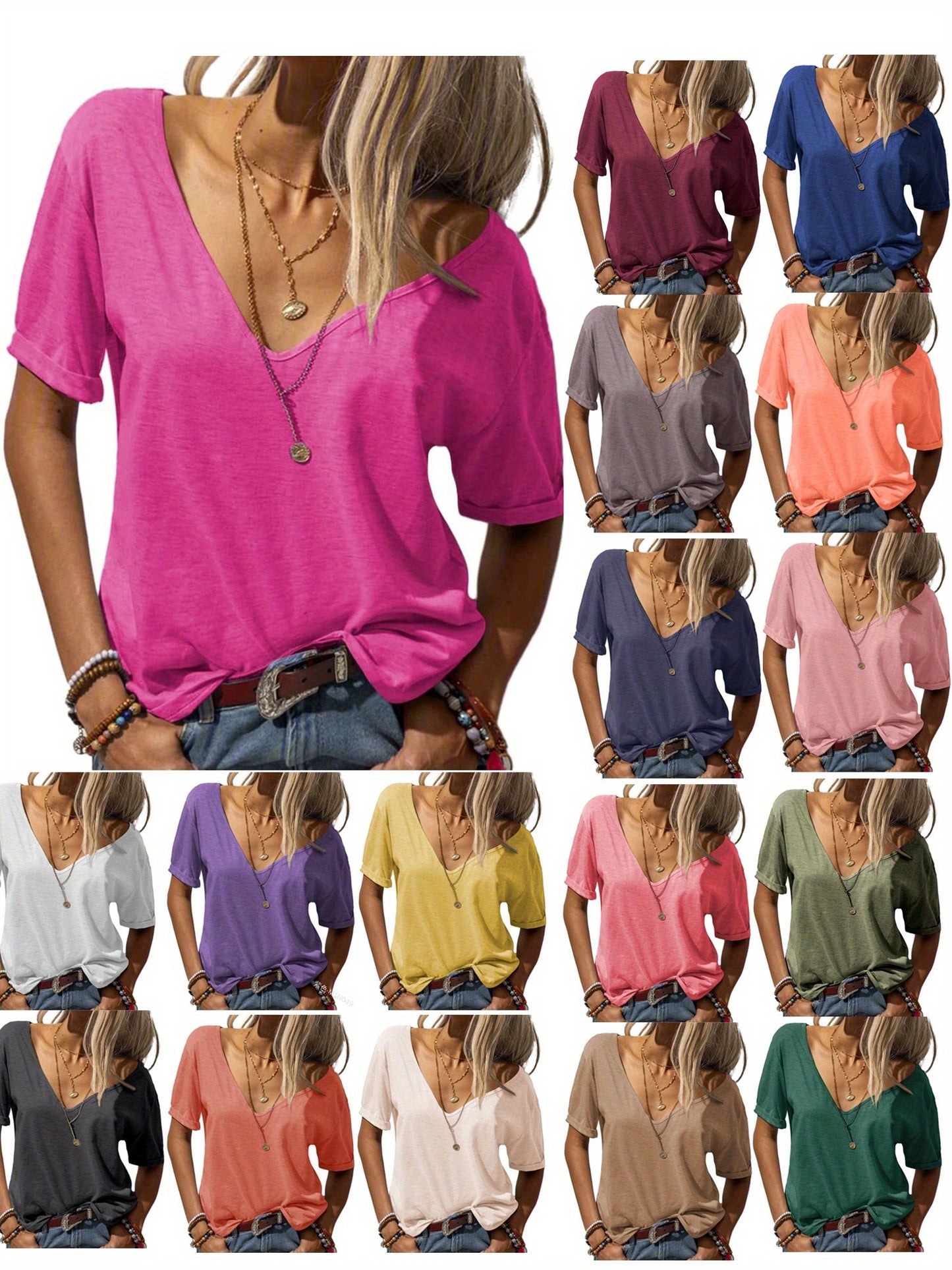 Casual Loose Basic T-Shirt for Women with a Deep V-Neck And Short Sleeves