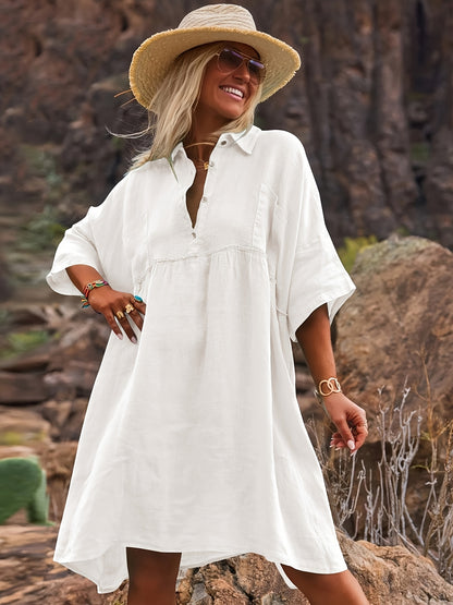 New Women's Loose Solid Color Collar Vacation Casual Button Art Style Fashionable Dress for Women