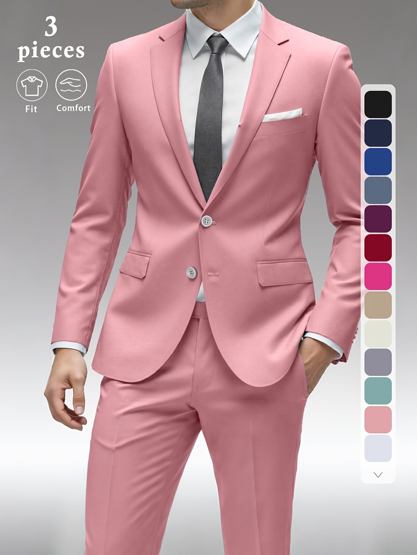 Men's Solid Color Complete 3pcs Suit Set Slim Fit Modern Tailored for Weddings Business Graduation Father's Day Gifting Express Delivery
