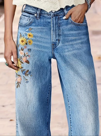 Women's High-Waisted Washed Embroidered Jeans - Straight Leg Pants with Beltless Design, Stretch & Machine Washable for All-Season Wear (Casual & Dressy)