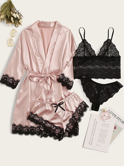 Women's Sleepwear, Home Clothes, Bathrobe 5pcs Set, Multi-color, No Pattern, Sexy, Solid Color, Contrasting Lace, No Lining, Belt, Adult Style, Comfortable and Breathable Fabric, Essential for Lovers to Save Money