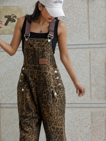 Fashion Multi-pocket Leopard Print Loose Denim Jumpsuit, Retro Old Trend Straight Wide-leg Pants Suitable for All Seasons.