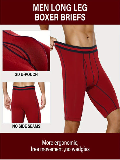 4pcs Men's Long Leg Cotton Underwear Total Support Pouch Boxer Briefs with Open Fly Pouch, Men's Cycling Sports Wear Bottoms, Moisture Wicking & Breathable Slimming Shapewear Body Shape for Men