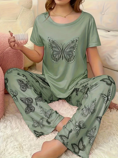 2pcs Women'S Pajama Set With Butterfly Pattern Top And Pants