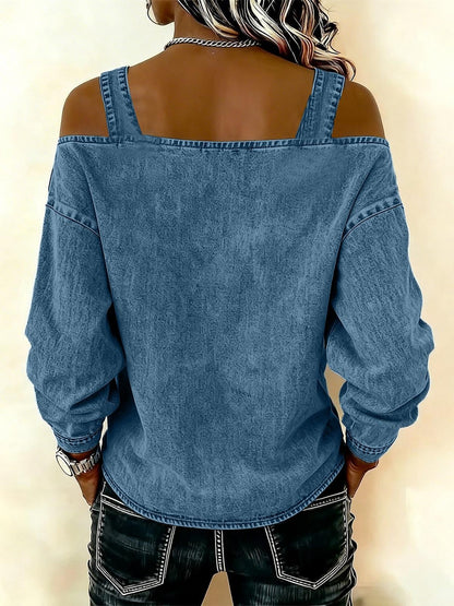 Women's Dress T-shirt with Elegant Style and Versatile Fit, Single-strap Collar, Shoulder Straps, Long-sleeved Top. Fashionable and Elegant for Women, Trendy.
