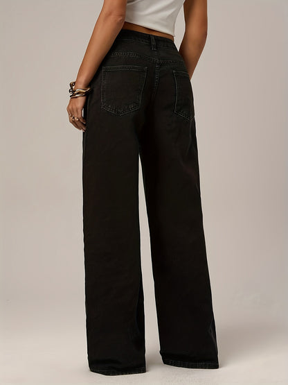 Women's Low-Rise Wide-Leg Stretch Jeans Pants - Beltless Straight-Leg Trousers with Button Closure & Internal Zipper, All-Season Black for, Casual & Formal Wear - Comfortable Loose-Fit Low Waist (No Belt Needed)