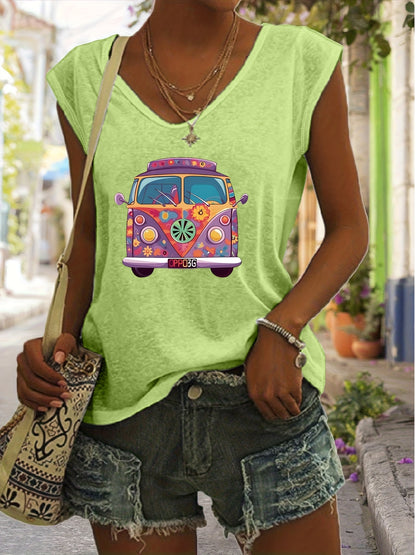 Directional Women'S Simple V-Neck Hippie Rock Print Tank Top