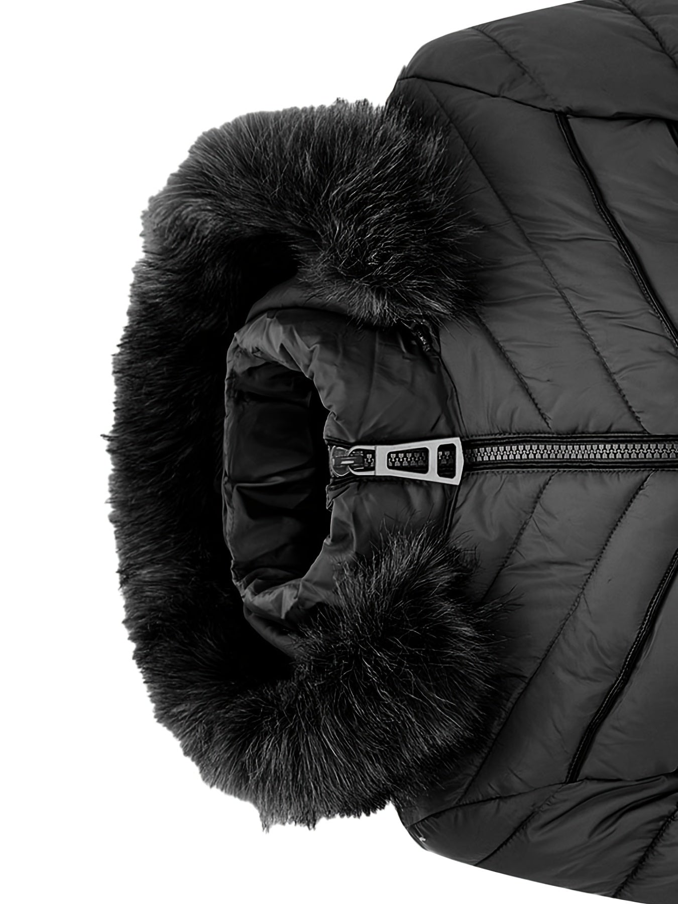 Zip-up Faux Trim Hoodie Puffy Coat, Casual Thermal Long Sleeve Coat for Fall & Winter, Women's Clothing