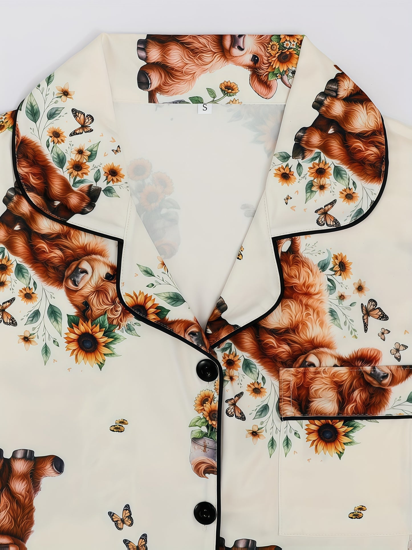 [3pcs Women's Pajama Set] 3pcs Casual Women's Pajama Set | Features A Lapel Collar, Short-sleeved Top with Button Closure, Paired with Shorts And Long Pants, Adorned with Floral And Cow Patterns. Comfortable Loungewear Suitable for All Seasons