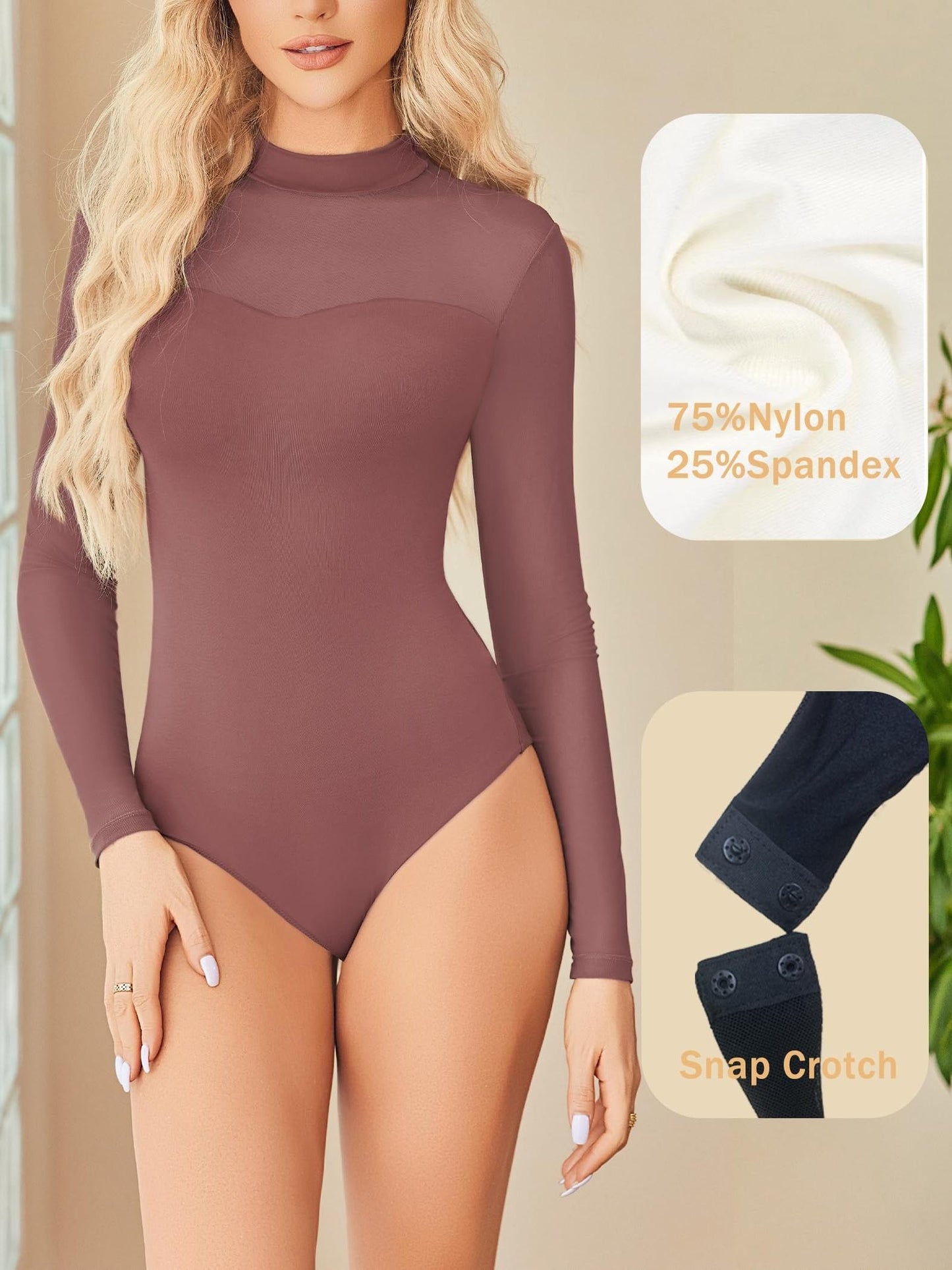 Sexy Mock Turtle Neck Sheer Mesh Long Sleeve Bodysuit Shirts Ruched Body Suit Leotard Tops
