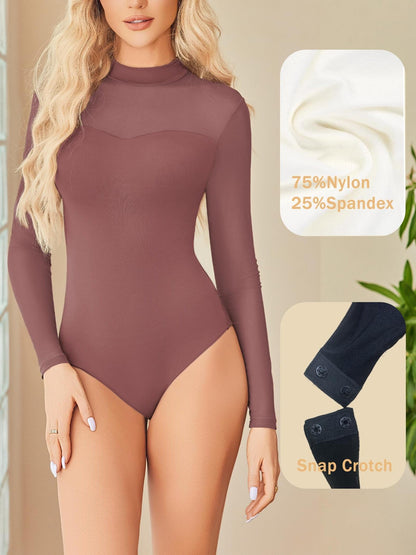 Sexy Mock Turtle Neck Sheer Mesh Long Sleeve Bodysuit Shirts Ruched Body Suit Leotard Tops