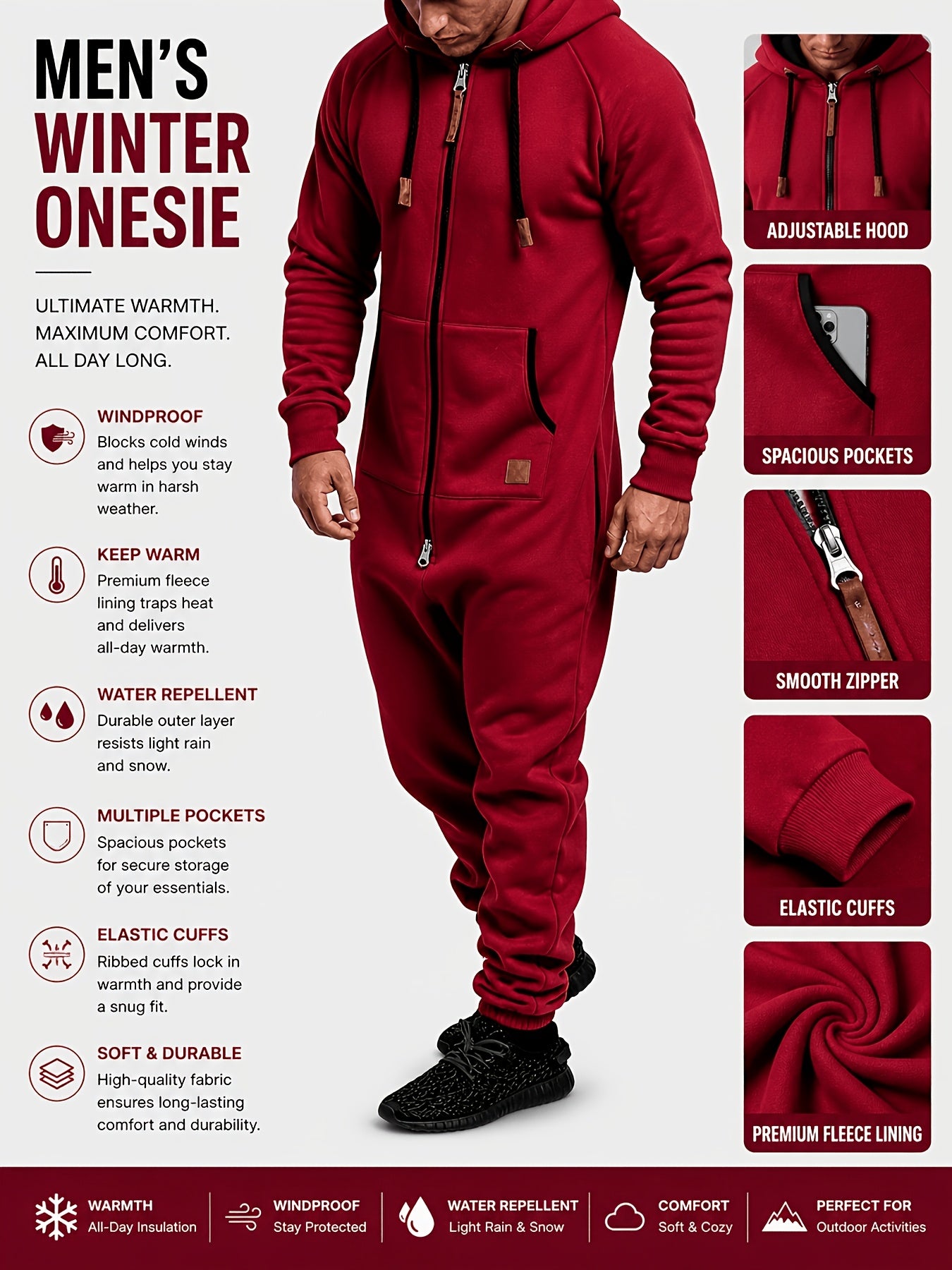 A Men's Hooded Fleece-lined Jumpsuit, Long Sleeve, Full Zip Jumpsuit with Kangaroo Pocket, Suitable for Spring Travel And Seaside Trips