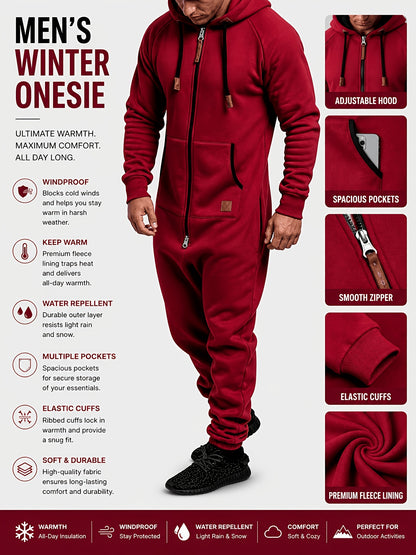 A Men's Hooded Fleece-lined Jumpsuit, Long Sleeve, Full Zip Jumpsuit with Kangaroo Pocket, Suitable for Spring Travel And Seaside Trips