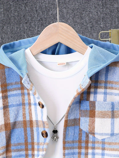 2pcs, Autumn And Winter New Boys' Long-Sleeve Plaid Cardigan Suit Boys' Puff Hooded Jacket Boys' Fashion Work Pants, for Outdoor