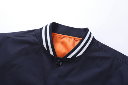 Men'S Plus Size Lightweight Varsity Jacket - Preppy Style, Baseball Collar, Button-Up, Solid Color with Striped Accents, Polyester, Machine Washable & Dry Cleanable, with Pockets, Sports Jacket|Loose Fit Jacket|Glossy Finish Jacket, PLUS SIZE