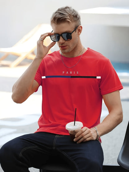 5 Men'S Summer Parisian Style Casual Sports Style Print T-Shirts, Casual Solid Color Sports Short-Sleeved Shirts, Breathable And Quick-Drying Round Neck Tops, Running Shirts, Wet And Dry Moisture-Wicking T-Shirts