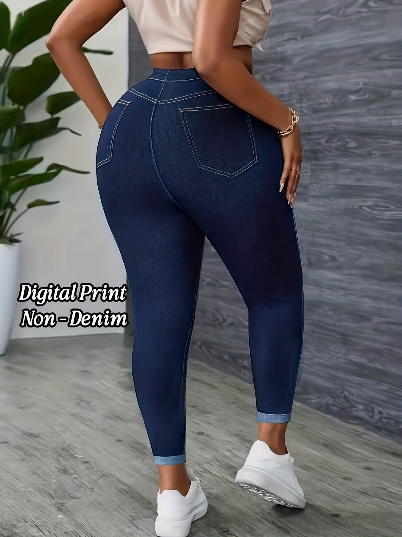 [Printed Pants - Not Denim Fabric]Plus Size - [Printed Pants - Not Denim Fabric]Plus Size - Plus Size, [Denim Print/Imitation Denim] Women'S Plus Size High-Waisted Stretch Skinny Jeans - Wash Blue Imitation Denim Leggings with Belt-Like Waist