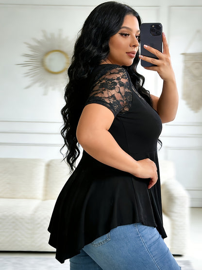 Plus Size - Plus Size - Plus Size Mesh Panel Tunic Shirt, Round Neck Floral Lace Yoke And Sleeves with Loose Fit Asymmetric Hem, Short Sleeve Stylish Black Top for Office Or Going Out, Flowy High-Low Hemline Lace Overlay Tunic Top