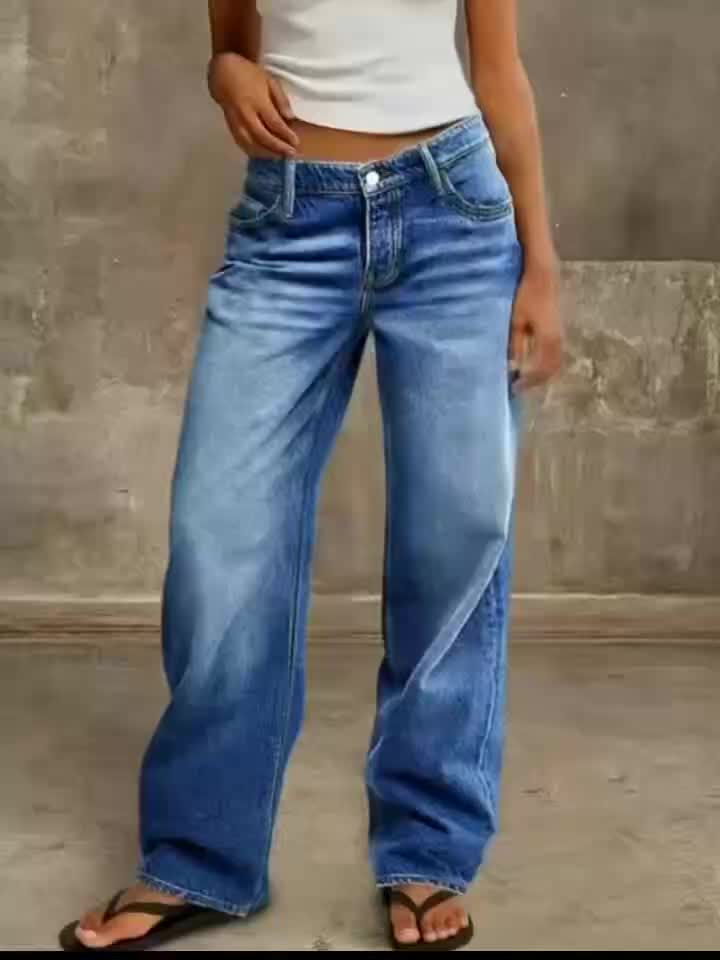 New Four Seasons Jeans|Classic Blue Washed Denim. Vintage Wide-leg Jeans Women's High-street Topstitch Back Pocket Casual Trousers Women's Clothing