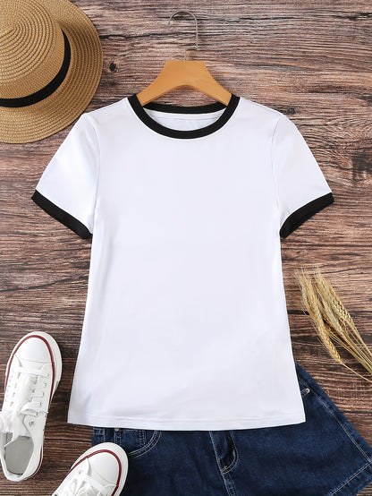 Short-Sleeved T-Shirt with Contrast Trim, a Casual Crew Neck Top Suitable for Spring And Summer, Designed for Women