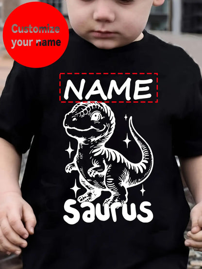 [Custom Product] Boys' T-Shirt with Name Customization, Cute Dinosaur Pattern Print, Simple Trendy Round Neck Outdoor Short Sleeve Homewear Top Gift
