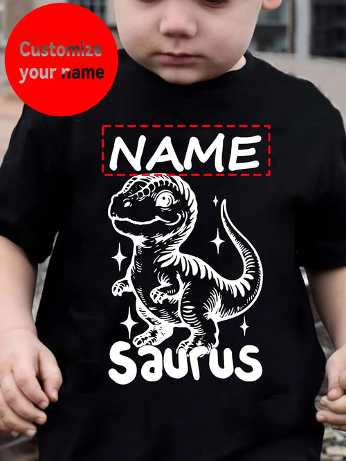[Custom Product] Boys' T-Shirt with Name Customization, Cute Dinosaur Pattern Print, Simple Trendy Round Neck Outdoor Short Sleeve Homewear Top Gift