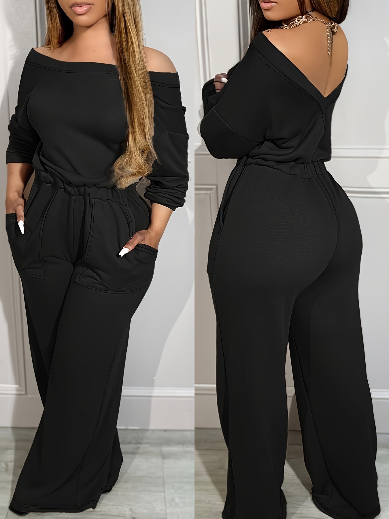 Women's Sexy Off Shoulder Jumpsuit Solid Color Elegant Long Sleeve Romper High Waist Wide Leg Long Pants 1pc Outfits Streetwear