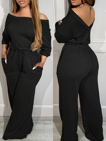 Women's Sexy Off Shoulder Jumpsuit Solid Color Elegant Long Sleeve Romper High Waist Wide Leg Long Pants 1pc Outfits Streetwear