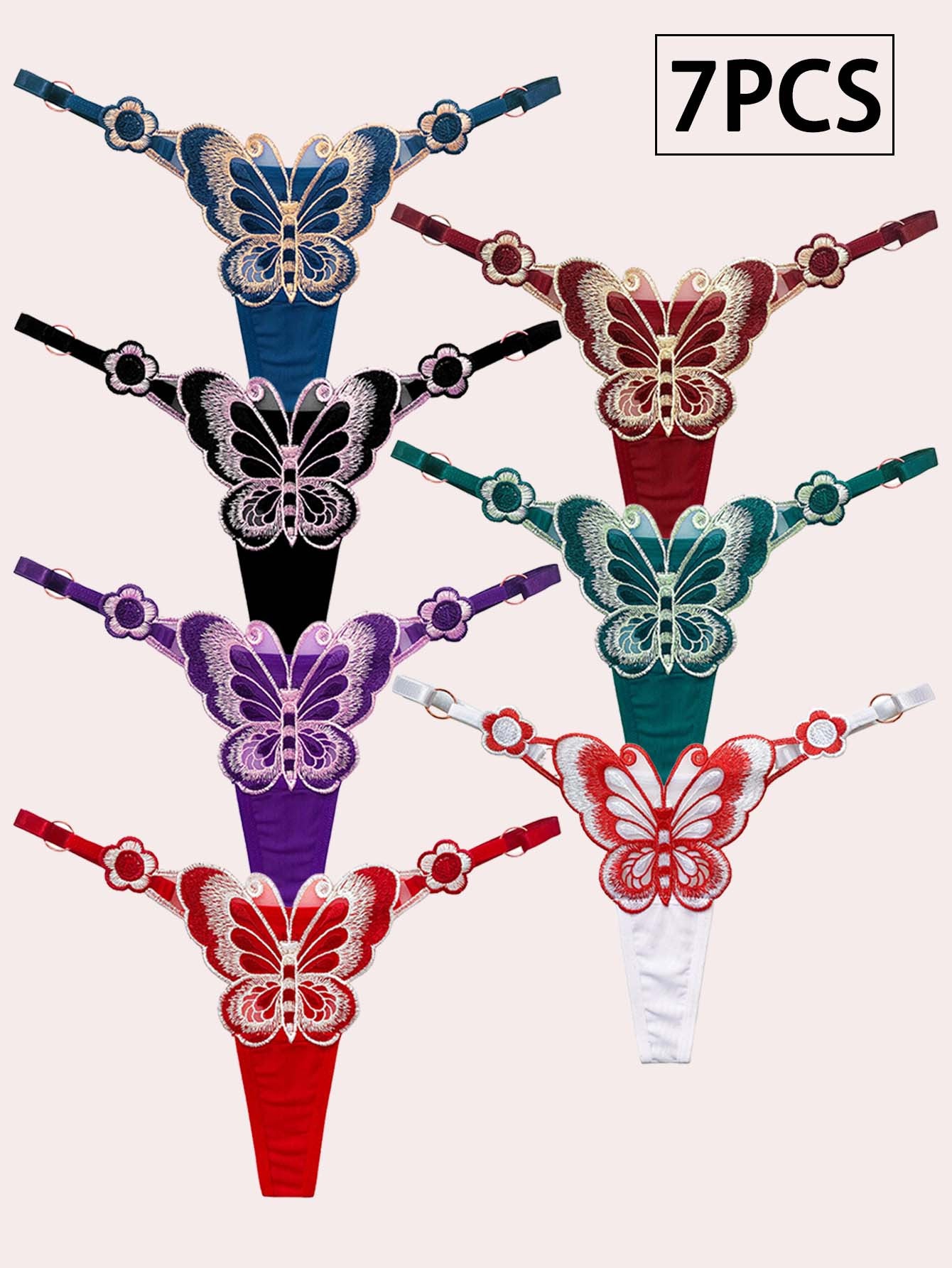 7pcs Butterfly Sexy Low Waisted Thong, Comfortable, Soft, Breathable, Quick Drying Embroidered Underwear