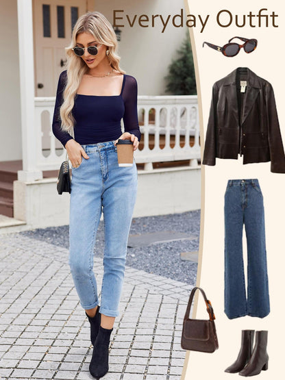 Women'S Square Neck Mesh Long Sleeve Bodysuit Shirts Ruched Body Suit Sexy Sheer Tops Date Night Outfit