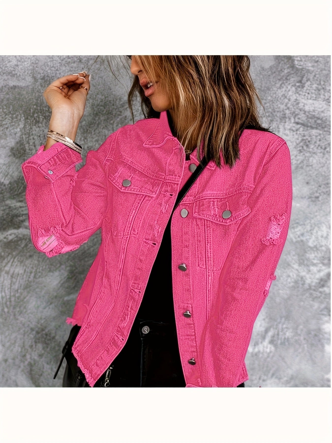 Women's Ripped Washed Button-Up Denim Jacket Coat with Pockets, Casual Classic Distressed Denim Outerwear TZ001