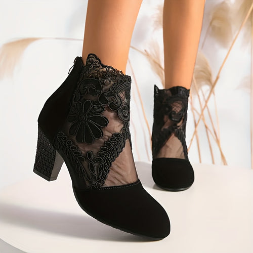 Sexy Black Lace Ankle Booties For Women Elegant Floral Mesh Dress Boots Chunky Block Heel 2.83in Back Zipper Breathable Cut Out Party Dance Wedding Evening Footwear Stylish Fashion Comfort Mid Heel Round Toe Shoes