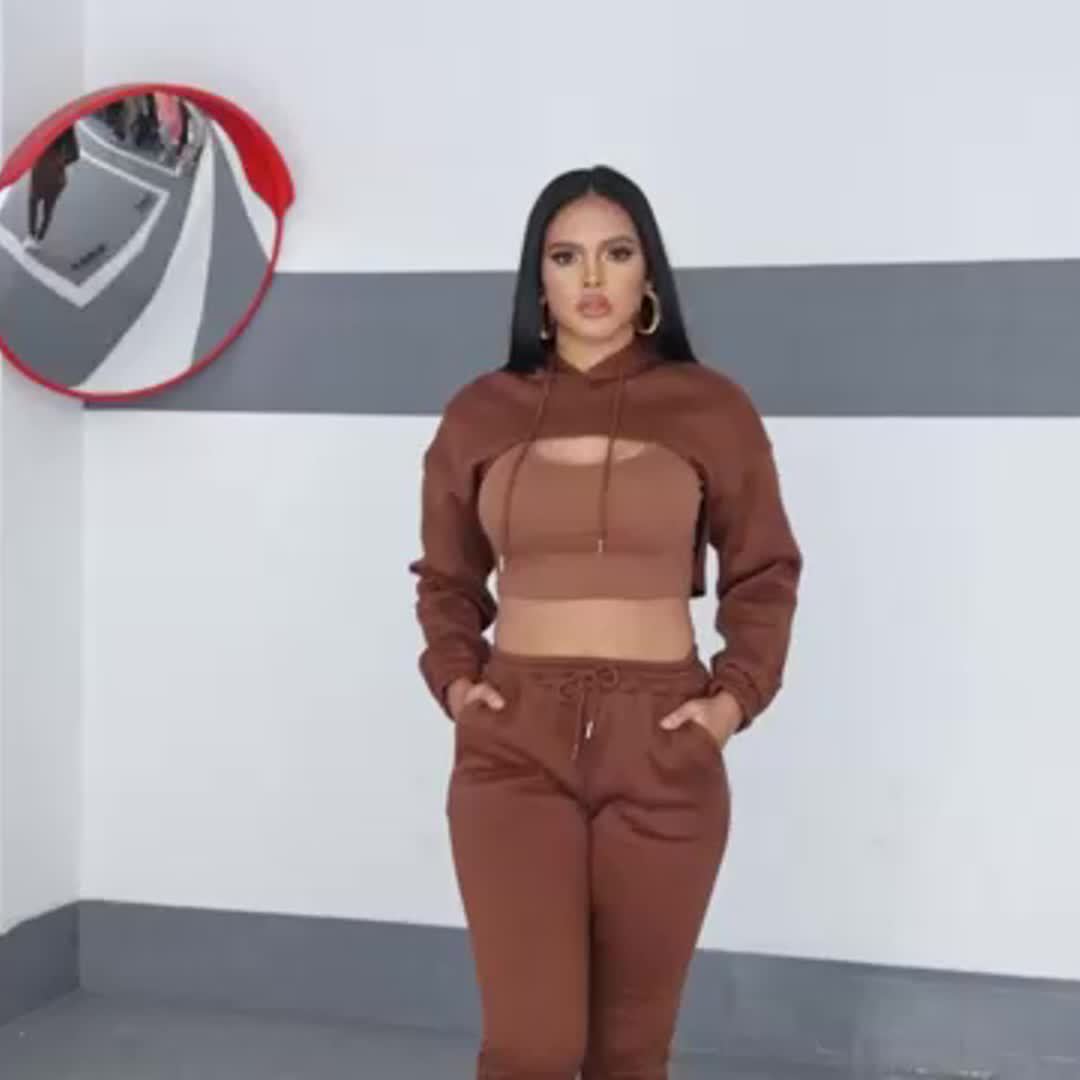 Women'S 3pcs Sweatsuits Sets Sexy Super Cropped Hoodie Tank Top And High Waisted Jogger Sweatpants Matching Loungewear Athleisure Outfits