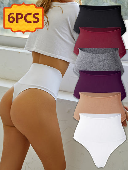 6pcs Women's High Waisted Thong Underwear - Seamless Tummy Tights with Hip Lift & Butt Lifting, Solid Color Breathable Elastic Panties Suitable for Daily Commuting, Gym,, Non- Full Coverage High Panties