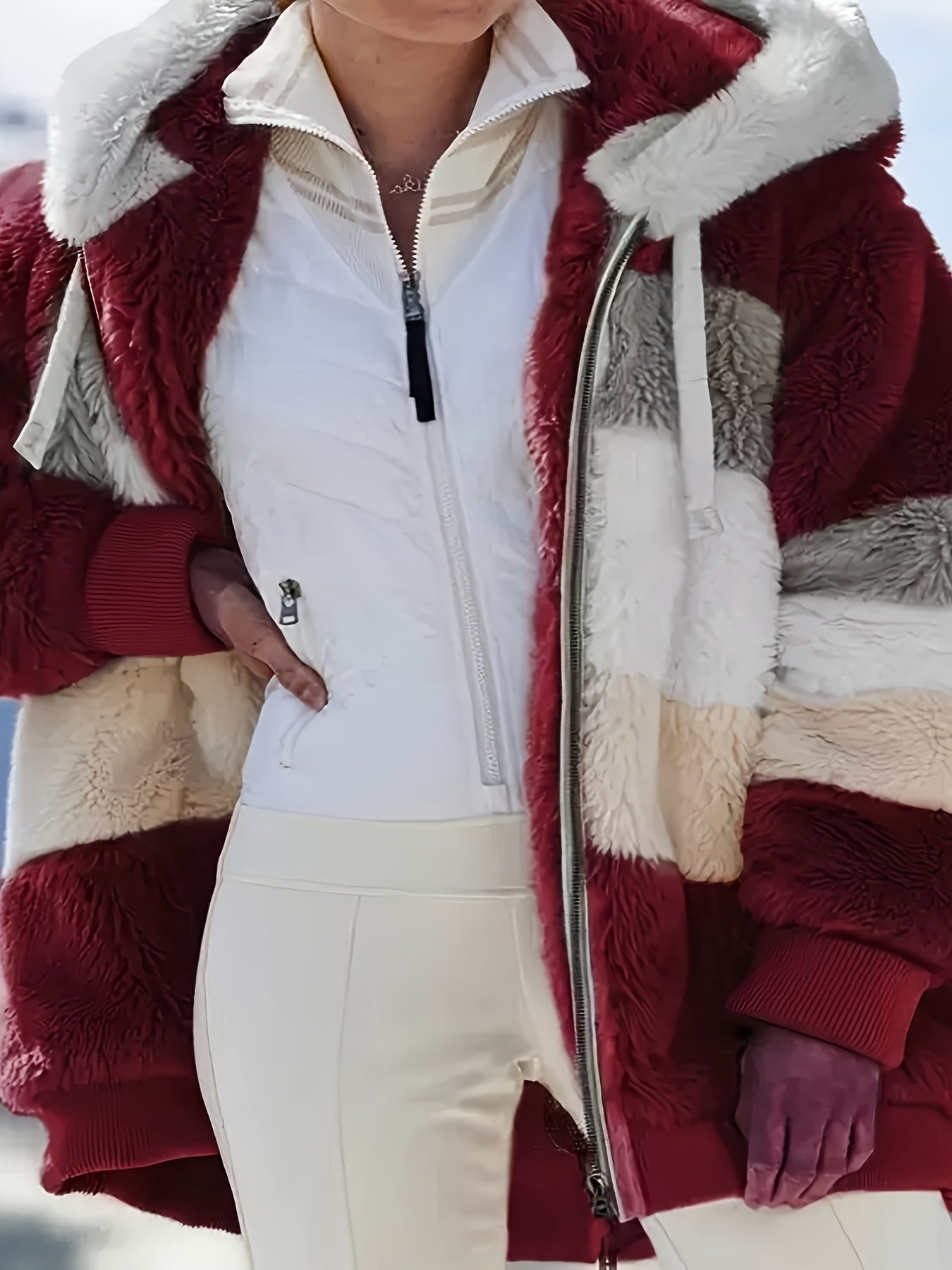 Winter And Autumn Warm Plush Quilted Zipper Pocket Hooded Loose-fitting Women'S Coat
