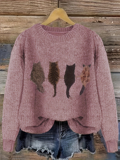 [Cozy Cat Sweater] Cozy Cable Sweater with Playful Cat Print | Women'S Beige & Brown, Loose Fit, Long Sleeve, Round Neck, Casual Spring And Autumn Top Ropa De Mujer Promotion Local Warehouse Discount
