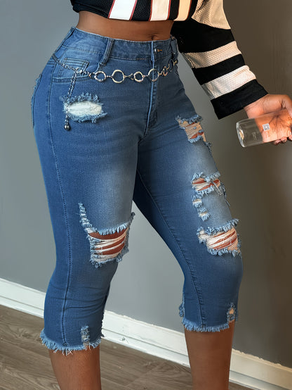 Women Fashion Casual Ripped Capri Jeans Slim Fit Stretchy Denim Pants Classic Raw Hem Denim Three Quarter Pants