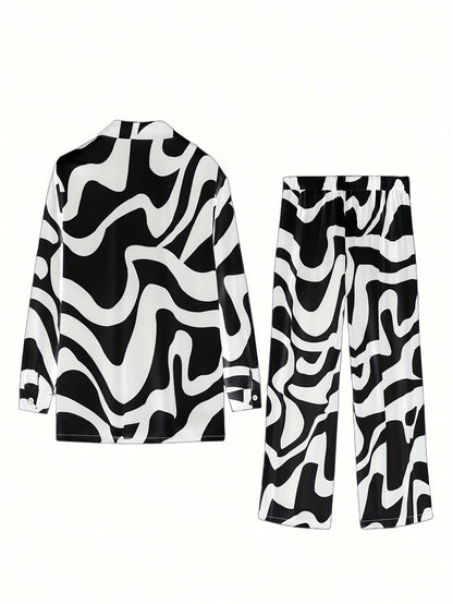 2pcs Women's Casual Lapel Button Pantsuit - Zebra Print, Smooth Polyester Fabric, 210g/m² & 220g/m² - Spring, Summer & Autumn Essentials | Machine Washable | No Lining Design | Slight Stretch