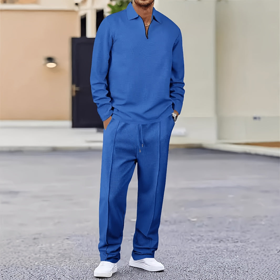 Mens 2pcs Outfits, New Spring Fall Waffle Knit Long Sleeve Top & Pants Set, Comfortable Breathable Casual Sports Tracksuit for Daily Workout