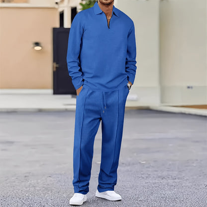 Mens 2pcs Outfits, New Spring Fall Waffle Knit Long Sleeve Top & Pants Set, Comfortable Breathable Casual Sports Tracksuit for Daily Workout