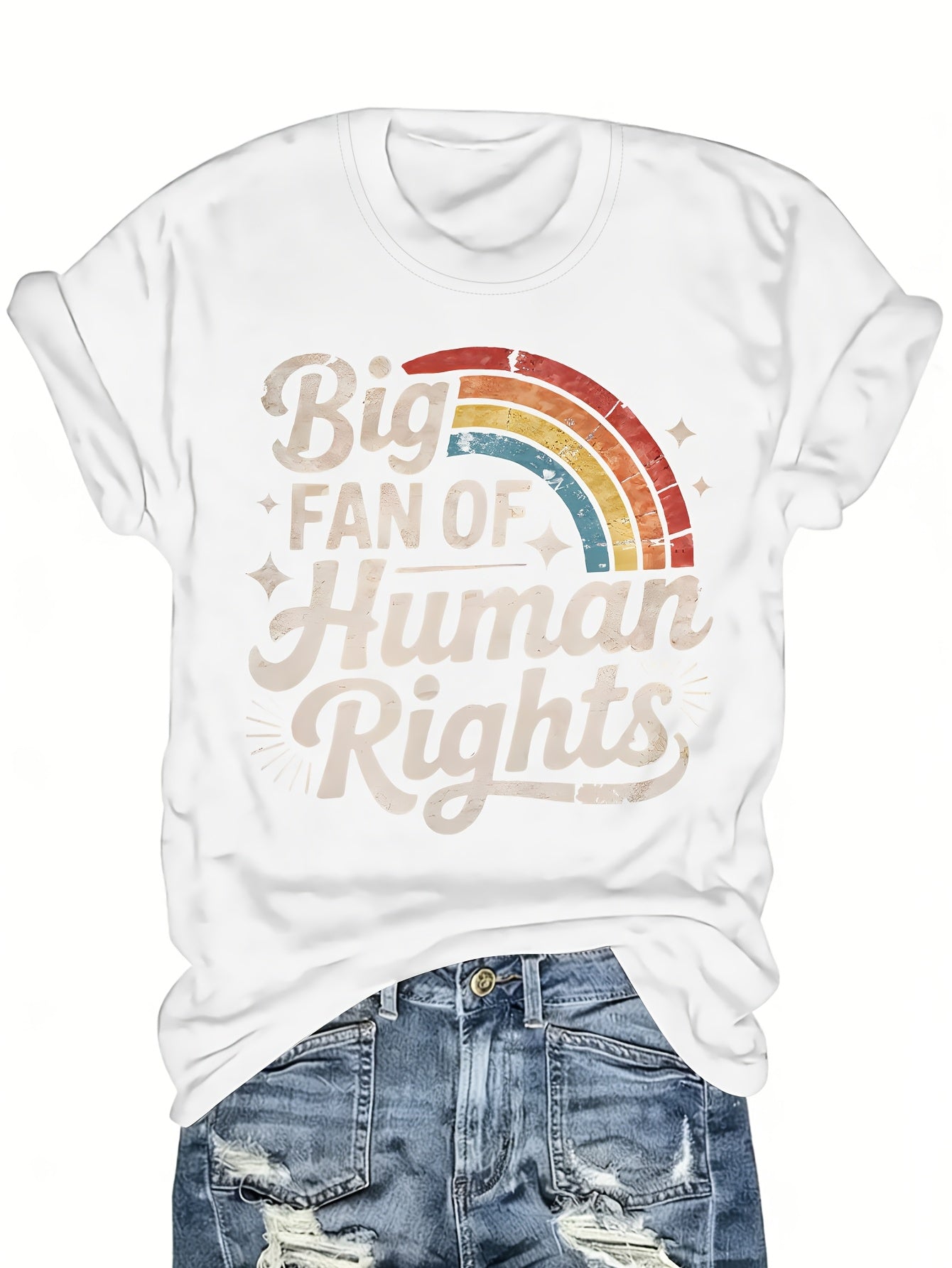 Women'S Short Sleeve T-Shirt, Christmas Women'S Clothing, Thanksgiving, Christmas Gift- Blend Human Rights Fan T-Shirt with Rainbow Pride Design Retro Font Statement T-Shirt, Suitable for Unisex Street Fashion Trend Graphic Top